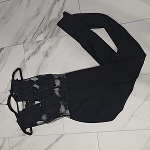 Ladies sexy pant suit one piece small all black with lace top covering breast